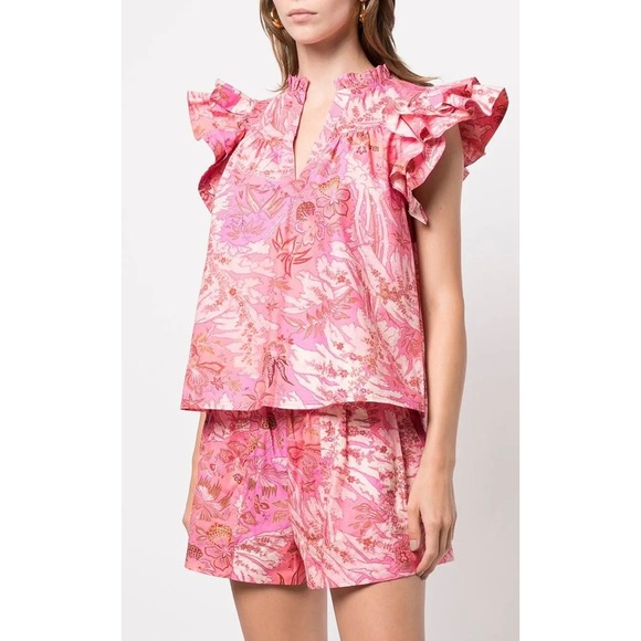 Ulla Johnson Tops - Ulla Johnson Pink Floral Paisley Ruffle Sleeve Cotton Blouse Top Pre-Fall 2022 0